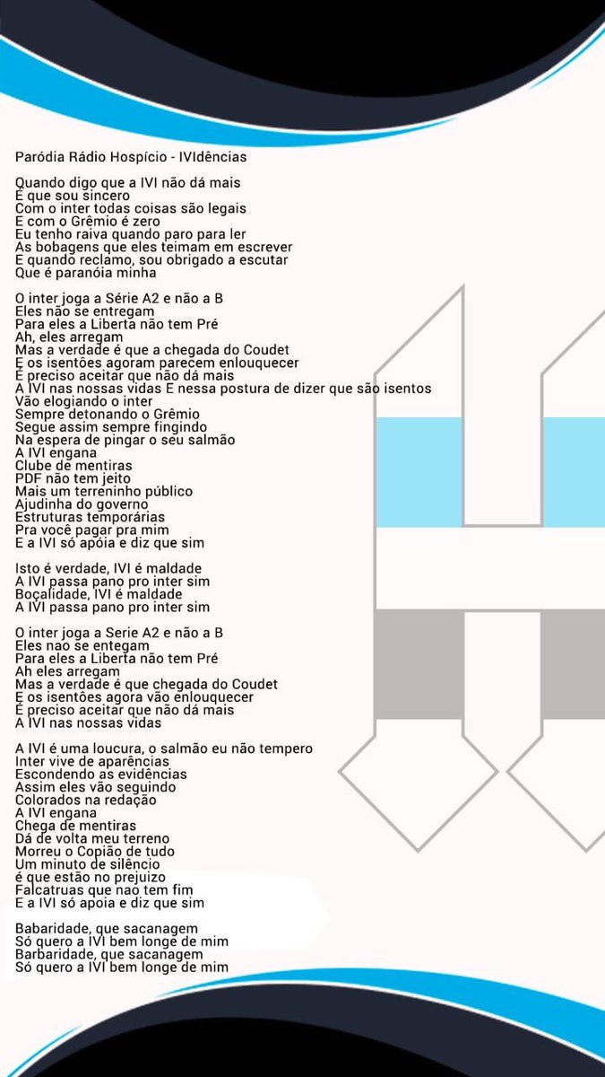 VolodiaRADIOHT's tweet image. Para os recalcados da IVI, uma musiquinha para relaxar

soundcloud.com/hospiciotricol…

E escutem #SalaDoHospicio às 20h, ao vivo, e o #RTdoHospicio no melhor pós-jogo do RS!
Só na radiohospicio.com