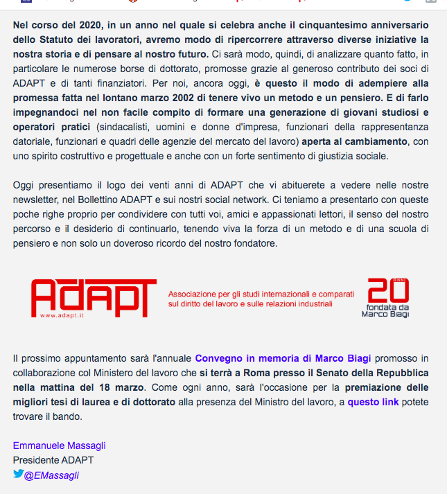 2000-2020: 20 anni di @ADAPTland. Nessuna retorica e nessuna celebrazione anche se non era affatto scontato arrivare sin qui e arrivarci in salute. Solo un grazie agli <a href="/ADAPTpeople/">ADAPT PEOPLE</a>, ai  soci e a quanti hanno scommesso sui dottorandi / apprendisti di ricerca della nostra Scuola