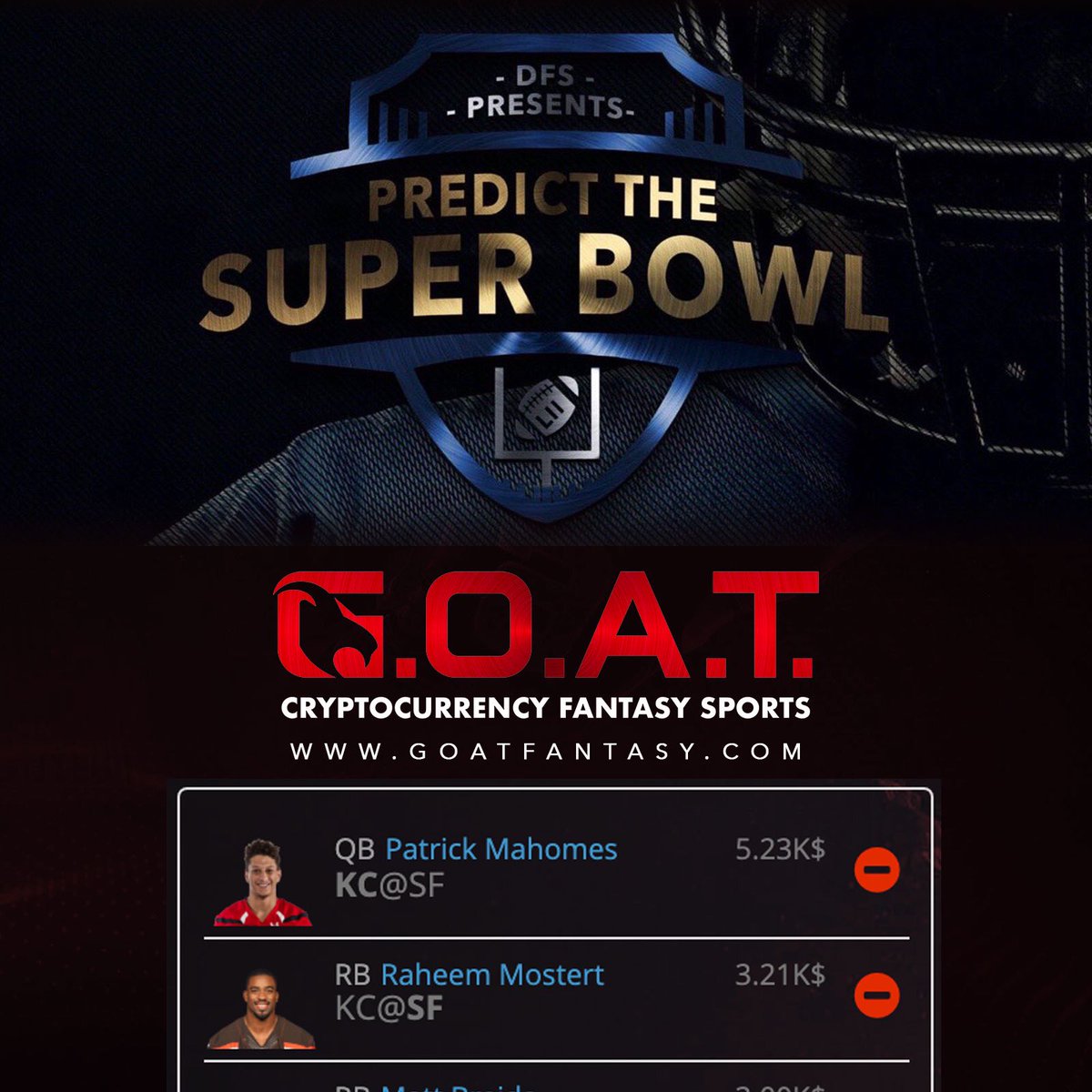 magatrumpsarmy's tweet photo. THE BIG GAME IS RIGHT AROUND THE CORNER 🏈🏟In honor of #SuperBowl PLAY #GOATfantasy for FREE and you could WIN 54 $DFS#GoNiners  #ChiefsKingdom  #SuperBowl  #NFL #DFS #Cryptocurrency #FantasySportsPLAY FOR FREE TODAY at https://t.co/OfFoY5jNJa https://t.co/ipphSHRDCb