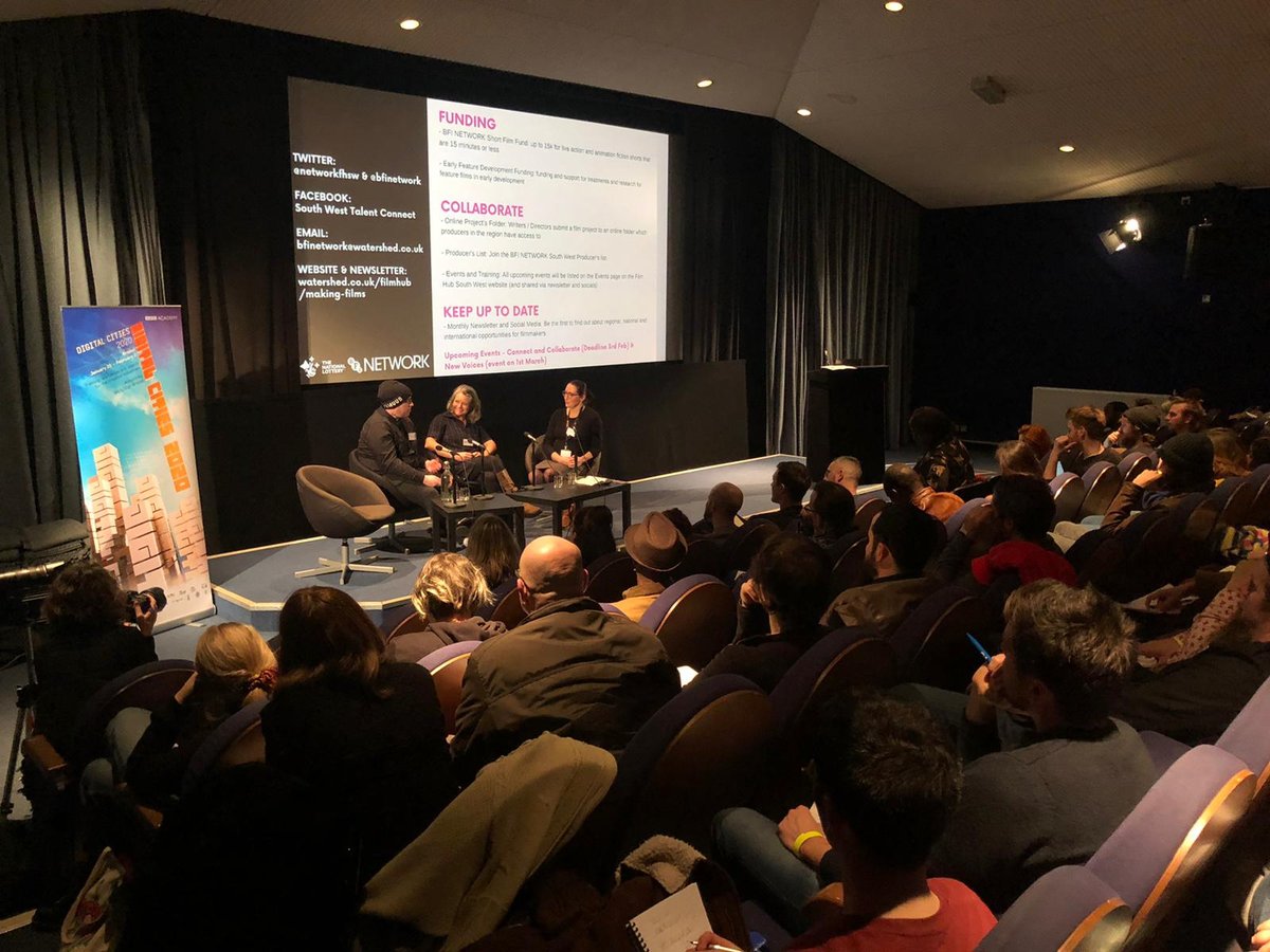 networkfhsw's tweet photo. A packed cinema at @UKScreenSkills #ScreenFutures Event at @wshed today.... @bfinetwork South West Talent Exec @thealicecabanas in conversation with NETWORK supported writer / directer @holbrook99 & producer Linn Waite of @earlydayfilms to chat all things short film funding https://t.co/FDZNXyczlo