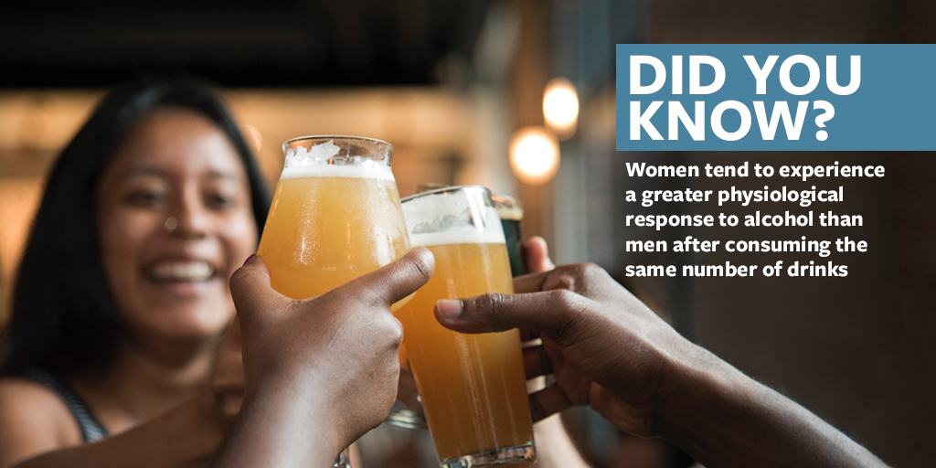 Photo of people drinking beer. Did you know? Women tend to experience a greater physiological response to alcohol than men after consuming the same number of drinks. 