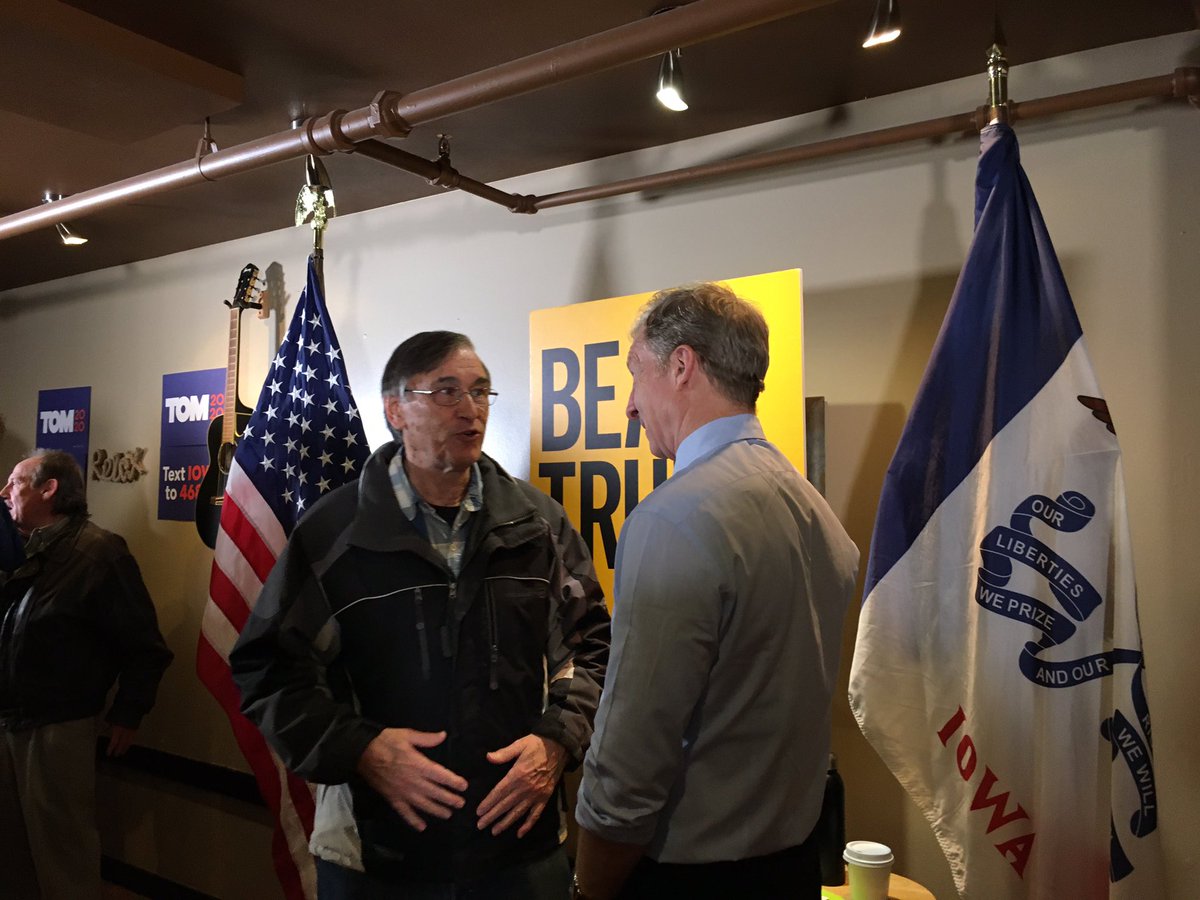 .<a href="/TomSteyer/">Tom Steyer</a> doing what Tom does best: talking with folks and listening to their stories. We were lucky enough to have the West Burlington Mayor join us this morning! Also, the lattes at the Beancounter Coffeehouse 👌🏻 thanks for hosting #TeamTom ! #BeatTrump #IACaucus