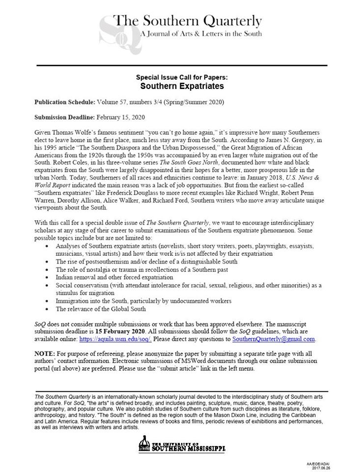 Getting pretty excited about our upcoming Southern Expatriates issue, with solicited pieces from Hal Crowther, Mary Chapin Carpenter, and more! Submission deadline 2/15/20.