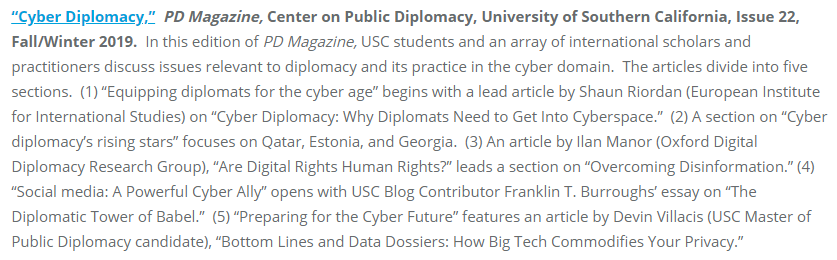 PD_mag's tweet photo. We are pleased to announce that our latest issue, #CyberDiplomacy, has been included in the latest edition of #PublicDiplomacy essential reads by Bruce Gregory @PDCouncil! https://t.co/nJr9vQ5eCy https://t.co/ItpF45azel
