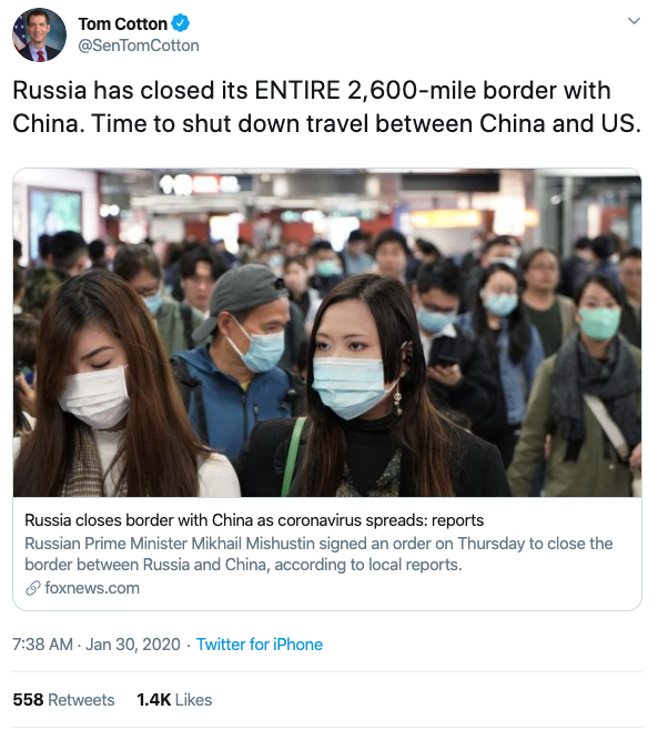 Countries are closing their borders and stopping flights, including Russia, Mongolia, Germany. There are calls in HK, Philippines, and now the US to follow suit.This may be the event that swings 10-20% of the middle reluctantly towards border controls.