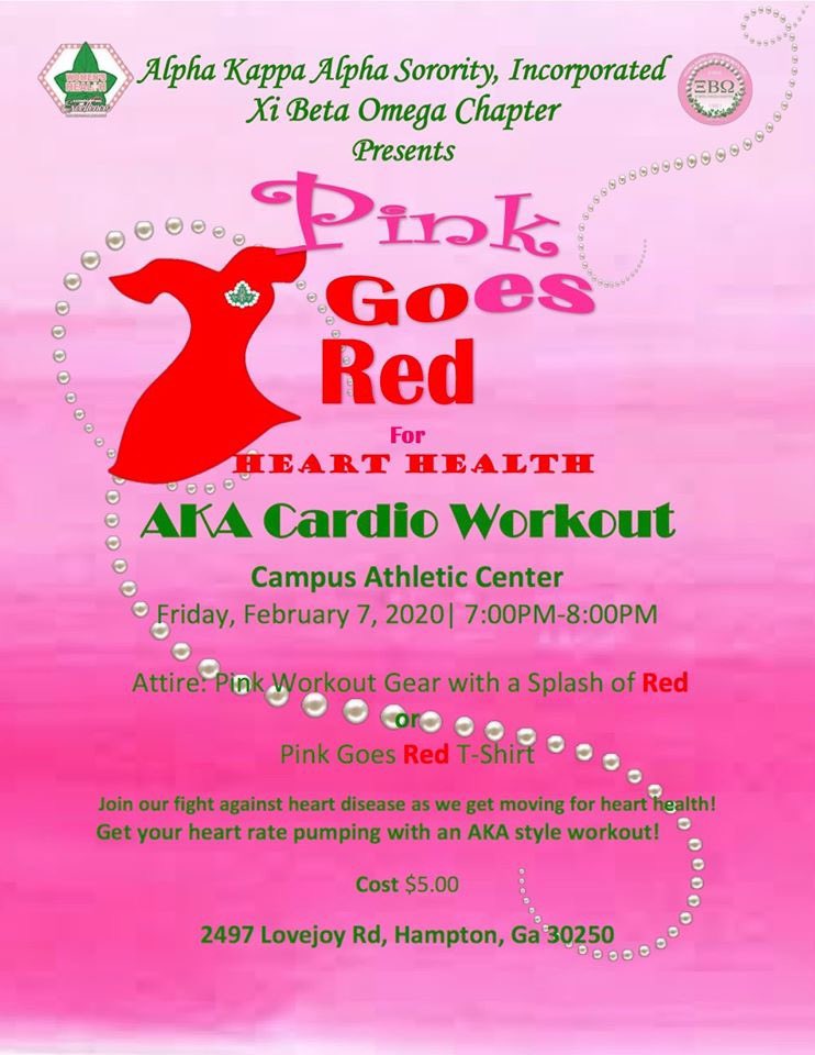XiBetaOmega1908's tweet photo. @akasorority1908, Xi Beta Omega Chapter Present "#PinkGoesRed," for Heart Health, AKA Cardio Workout, 
Friday, February 7, 2020 at 7:00 p.m. Please wear pink workout gear with a splash of red. 
#AKA1908 #XBO1908 https://t.co/6Sw6Jss3CV