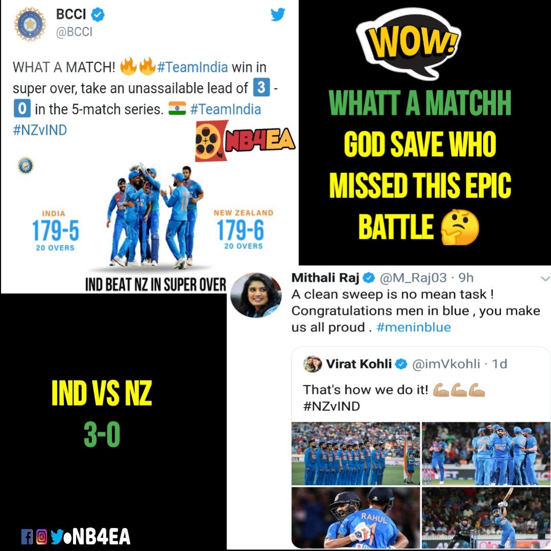 Nb4Ea's tweet photo. Whatt a Matchh IND Vs NZ 3-0π
For more interesting updatesπ our page
#indiancricket #india #newzealand #t20series #cleansweep #thrillermatch #cricket #superover #rohitman #virat #kane #nb4ea #neverb4everafter #eyefeast #nervebiting @ImRo45 @imVkohli https://t.co/F5mI2jE3Az