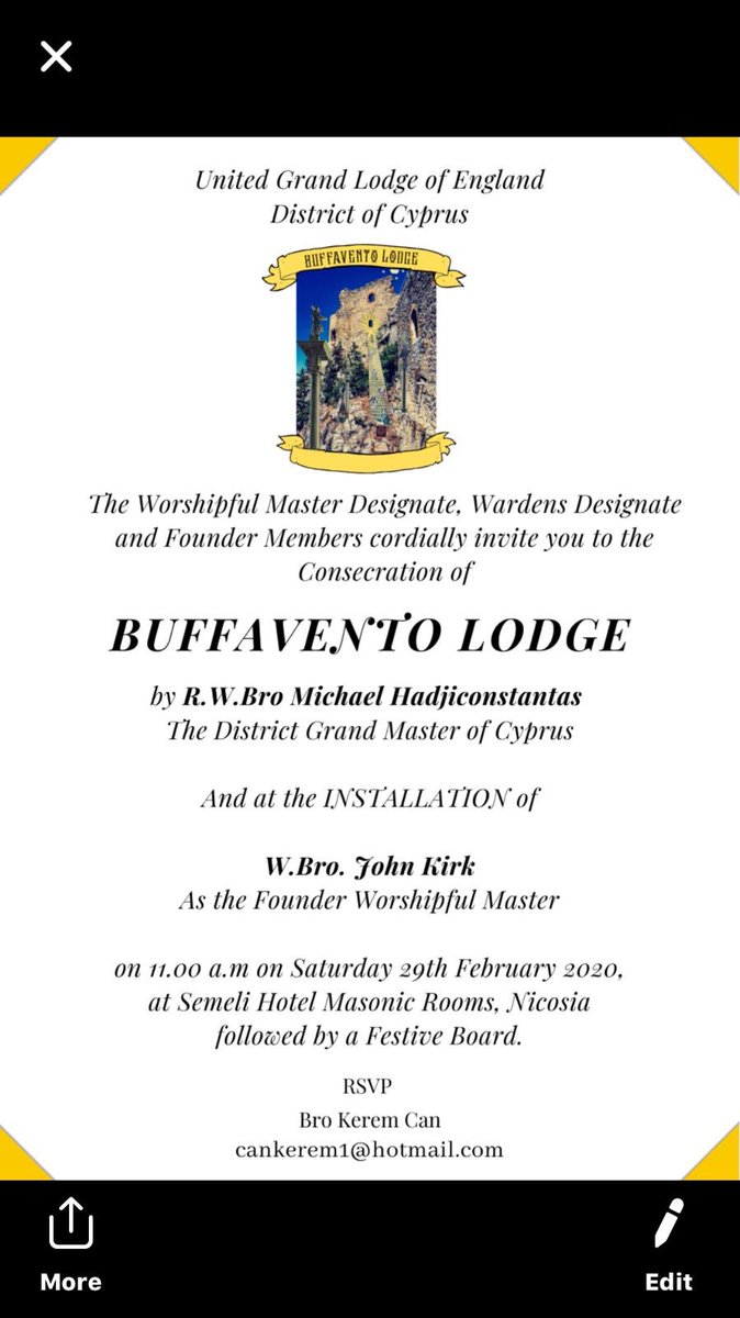 AhmetPerri's tweet photo. I am proud to be a founder of the Buffavento Lodge in the District of Cyprus. If you fancy a nice long weekend in Cyprus we will be glad to see you at the Consecration. https://t.co/H0Ib4wSvM0