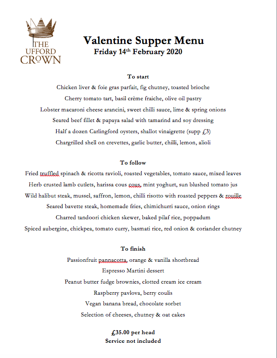 Celebrate #ValentinesDay with the perfect food for such a romantic occasion. We've got a terrific menu available for Feb 14, so book now on 01394 461030.