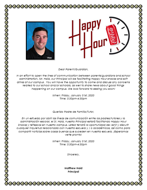 GarlandClassic's tweet photo. Tomorrow - January 31st, 2020
Happy Hour with the Principal!😊🕞
3:30PM- 4:30PM

You will have the opportunity to come and discuss any concerns related to our school and/or scholars, as well to share news about good things happening on our campus. We look forward to seeing you! https://t.co/KNztPWzsRs