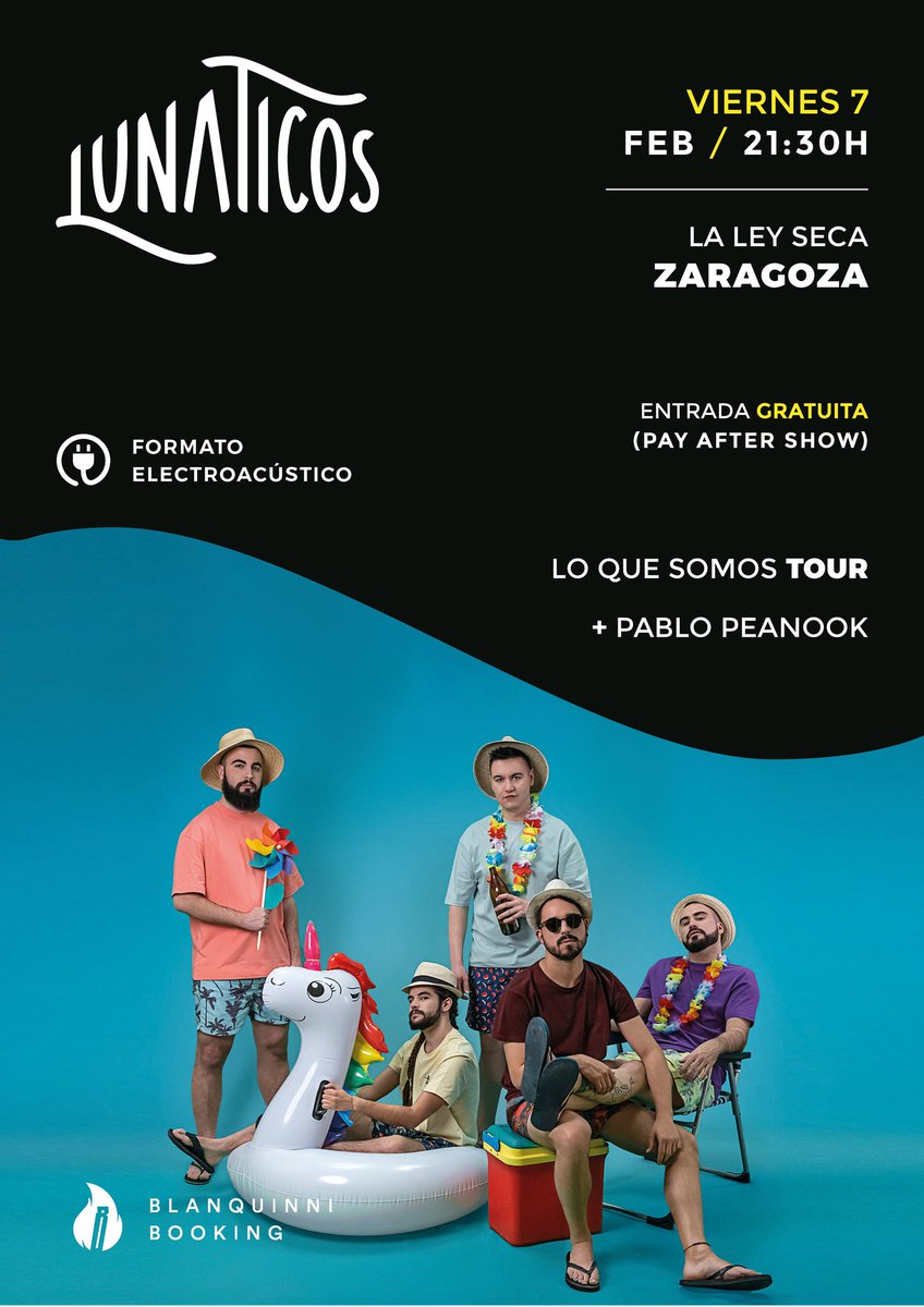 Lunaticosmusica's tweet photo. ⚡ LA LOCURA LLEGA A #ZARAGOZA ⚡
En apenas una semana estaremos liándola en @LaLeySeca junto al grande @PeanookMusic. Además estrenamos formato #electroacustico. ¿Quién se viene? 
🎟 ENTRADA LIBRE (#PayAfterShow)
•
@blanquinni
@Allsoundspromo
•
#laleyseca #gira #tour https://t.co/WN2D1sH3SL