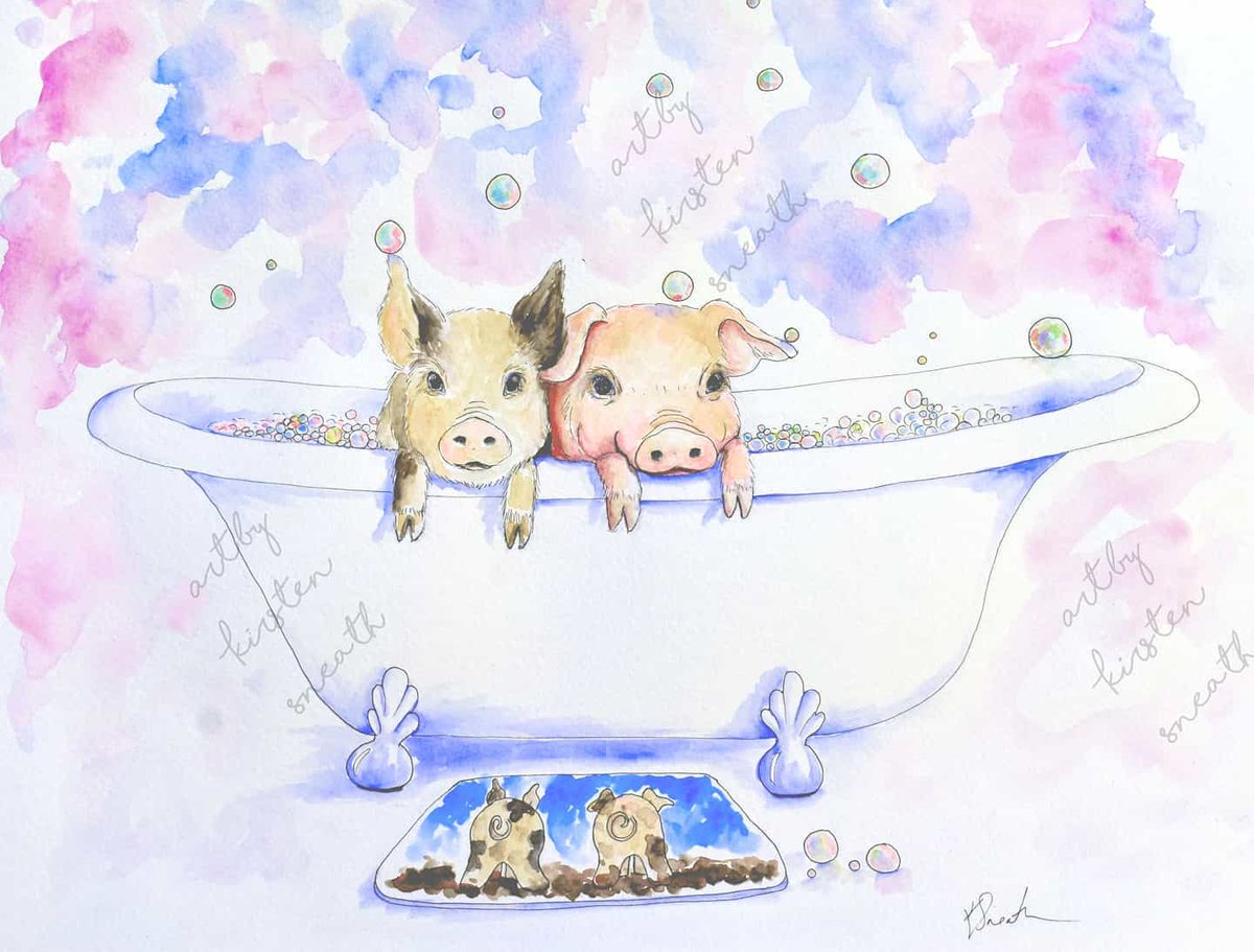 ksneathart's tweet photo. Rub a dub dub Piggies in the tub! I can now share my latest commission from my lovely friend. I loved creating this one to hang in her bathroom. Painted using various pixabay photos. Such a fun one! #pigs #piglets #cutepigs #cutepiglets #piggies #rubadubdub #muckypiggies https://t.co/X1PV61a9w4