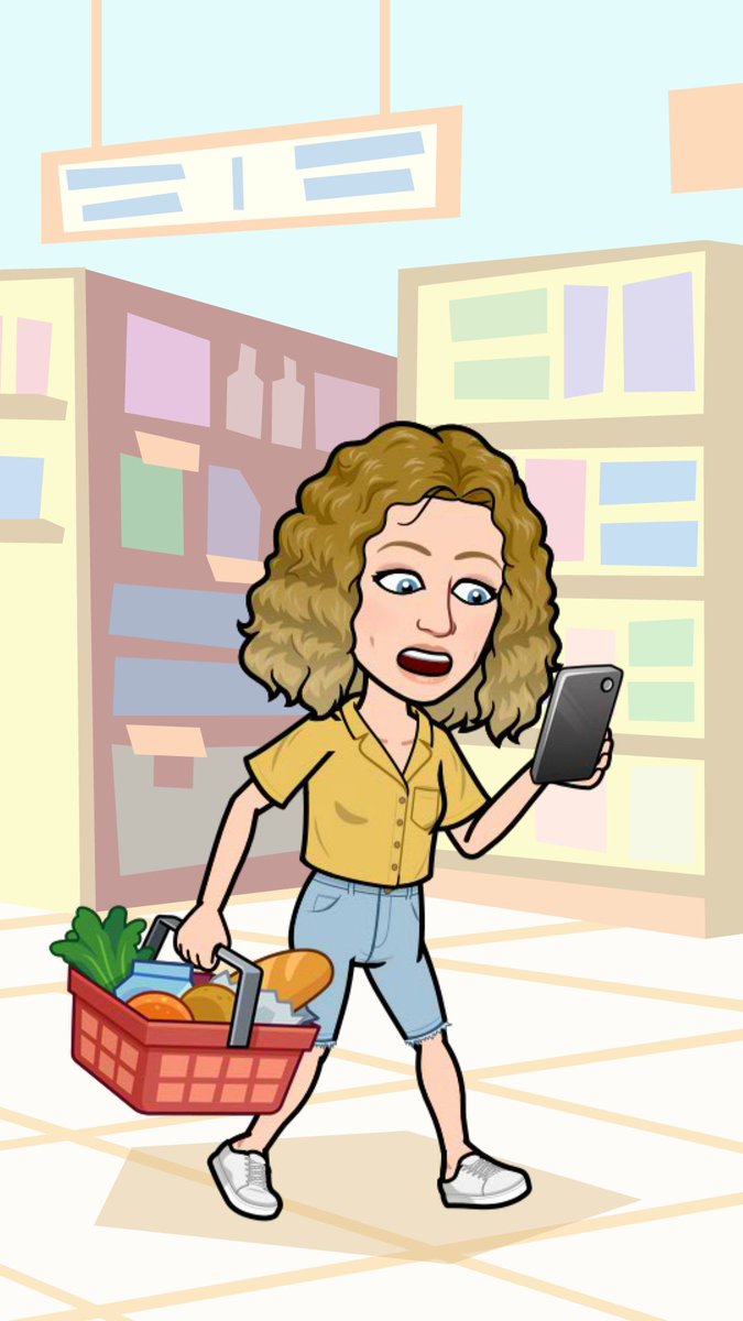 Your Bitmoji avatar at the grocery store looking at your phone