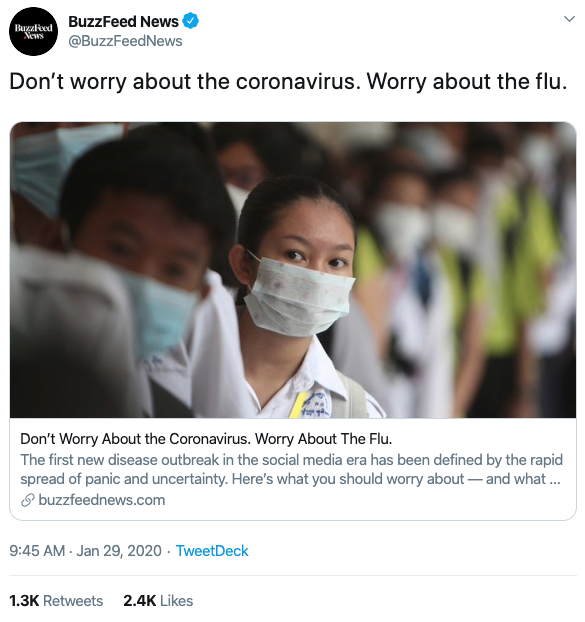 For a virus like this, the time to "overreact" is now, before it becomes pandemic.However, some folks in the US media are acting just like the Chinese state media they claim to deplore -- and minimizing the issue.Don't panic, do take decisive action. http://chinamediaproject.org/2020/01/27/dramatic-actions/