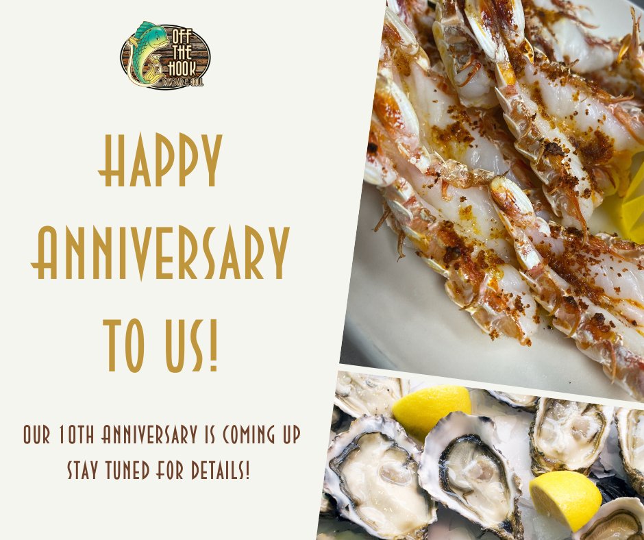 OffTheHookNSB's tweet photo. Who is getting ready to have a birthday? We are! 

TEN years in our NSB location! https://t.co/rIJsTZbdcy