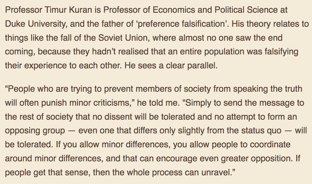 “Simply to send the message to the rest of society that no dissent will be tolerated and no attempt to form an opposing group — even one that differs only slightly from the status quo — will be tolerated. If you allow minor differences, you allow people to coordinate around minor differences, and that can encourage even greater opposition. If people get that sense, then the whole process can unravel.”