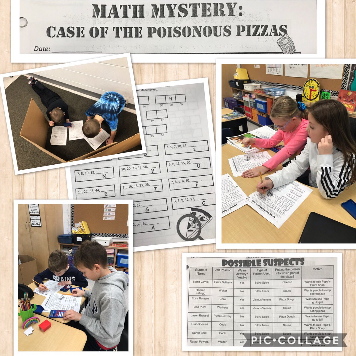 MrsBrule's tweet photo. Students are working hard to identify, create and extend number patterns. Each problem gives them a clue to help solve  “The Case of the Poisonous Pizzas”!! 🍕 🔍 https://t.co/3SMsME3BjK