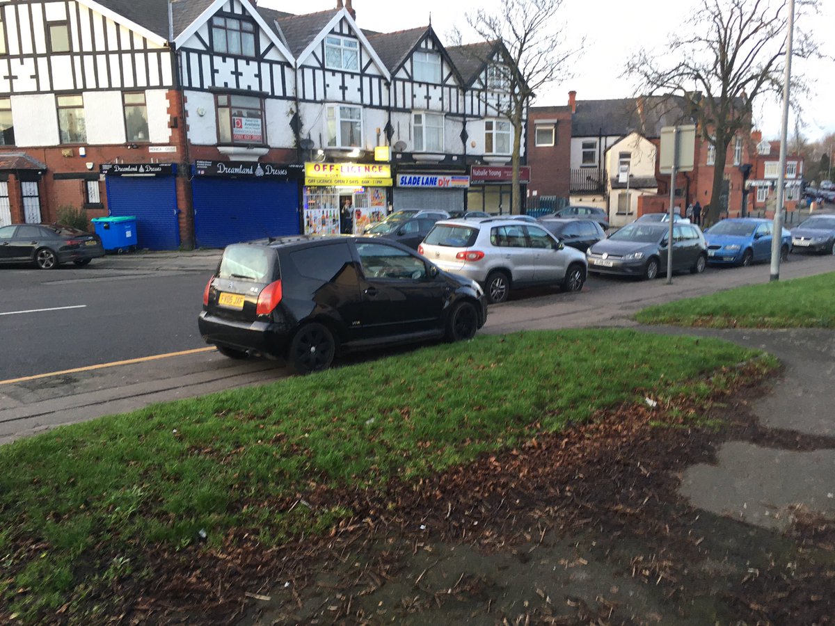 Sadly allowing pavement parking to persist means it spreads - like here on Slade Lane now on opposite side of the road this afternoon. This car was parked here as there were already two pavement parked cars outside the shop 