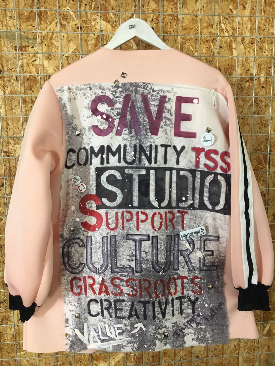 TSSWales's tweet photo. Great to attend the @CCSkills last night hosted at @CAVC for #creativewales launch! Julia wears her 'fashion for good' jacket to get an important message out there! #supportcommunity #grassroots #valuecreatives https://t.co/ldFbQRPadg