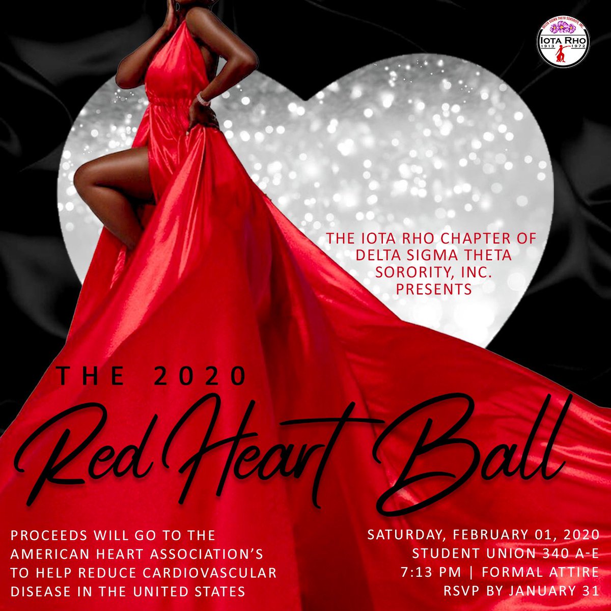 Join the ladies of the Iota Rho Chapter and the men of Epsilon Zeta as we support the American Heart Association to promote risk reduction of cardiovascular disease. Formal attire only. Monetary donations will be collected. RSVP Link:  forms.gle/AsgisDHBKoJDes…