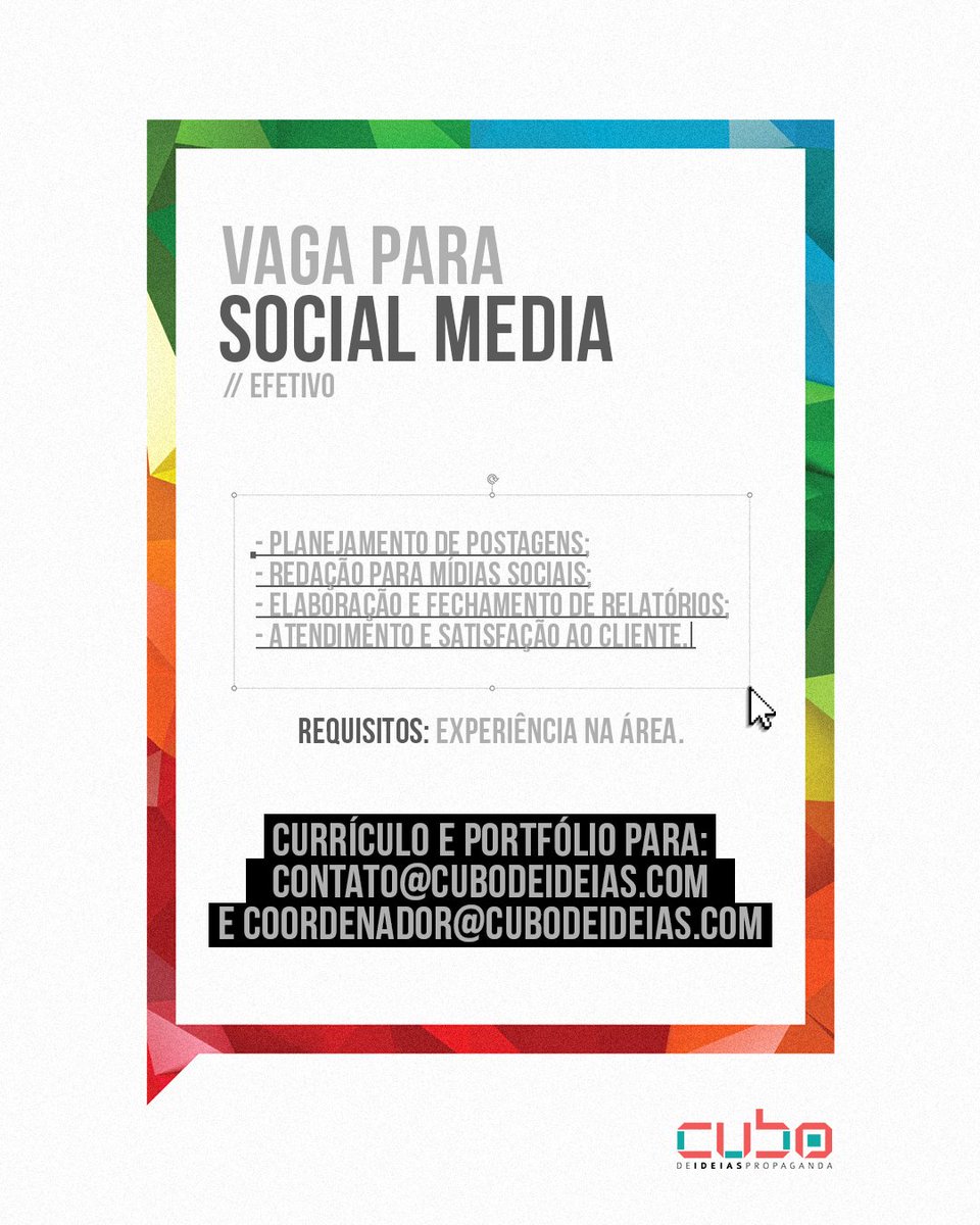 cubodeideias's tweet photo. Essa é a sua chance de fazer parte da nossa equipe. Se você tem experiência em planejamento de marketing, estruturação de postagens e redação para redes sociais, essa vaga é para você. Vem pra Cubo!
#CuboDeIdeias #Vagas https://t.co/qMRSYUoIvo