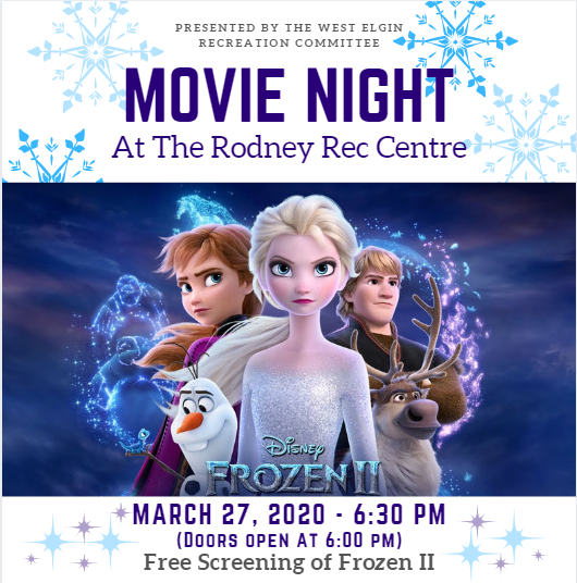 m_westelgin's tweet photo. The next Movie Night title has been announced. Come out to see Frozen II, March 27th at the Rodney Rec. Centre @6:30pm https://t.co/JQWiGAG8KN