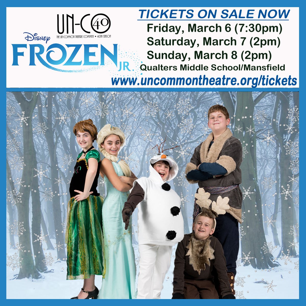 Tix on sale now for Frozen JR,  3 shows March 6-8  at QMS/Mansfield. Head to uncommontheatre.org/tickets.
#uncommontheatre #uncotheatre #frozen #frozenjr #frozenthemusical #eastonma #mansfieldma #sharonma #foxboroma #nortonma #cantonma #westwoodma #walpolema #attleboroma #norfolkma