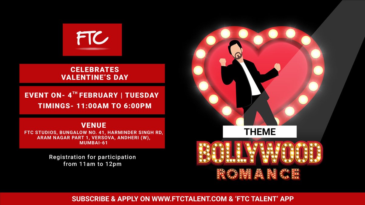 FTCTalent's tweet photo. Valentine’s Day Special: FTC is calling out to the #talents for a unique theme event on #ROMANCE.
Do’s :
• Choose a #RomanticScene from any #BollywoodMovie.
• You can #Perform #Solo or with a #Partner.
• The performance should not exceed 3 minutes.
#ValentinesDay #FTCEvent https://t.co/Mnp4WiOiGE