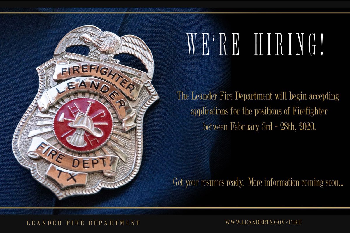 FDChief251's tweet photo. Here we go!
We will begin accepting applications Monday, February 3, 2020 @ 8:00am!
#EarnYourSeat
#LeanderFire https://t.co/ZKA0epICqn