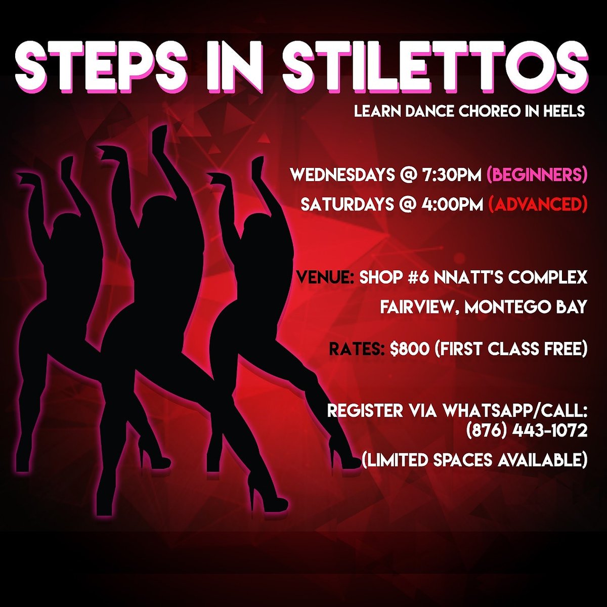 Steps_Stilettos's tweet photo. ===={REGISTER NOW}====
Classes start next Wednesday, February 5th!
Can't wait to share all these amazing moves, so come let your hair down in a sexy pair of 👠👠!
Follow: @StepsStilettos
See you then 💋 
#stepsinstilettos #dance #choreography #Jamaica #sexy #heels #stilettos https://t.co/PlY2s1L564