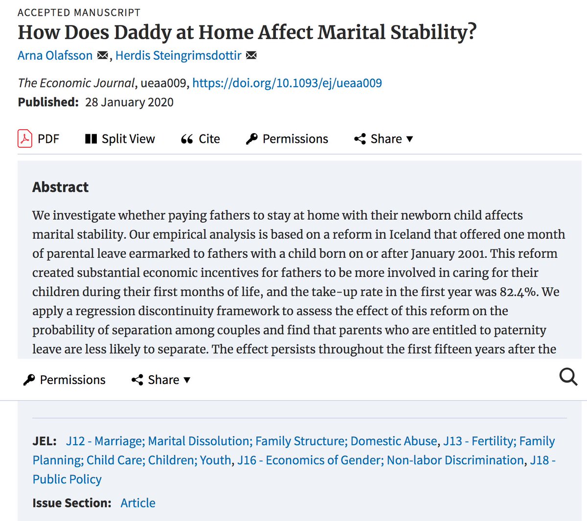 Herdis Steingrimsdottir (@herdissteingrim) on Twitter photo 1/n I am very excited that my paper with @arnavardar "How Does Daddy at Home Affect Marital Stability?" is forthcoming in The Economic Journal <a href="/EJ_RES/">The Economic Journal</a>, and is now available online: doi.org/10.1093/ej/uea… 1/n I am very excited that my paper with @arnavardar "How Does Daddy at Home Affect Marital Stability?" is forthcoming in The Economic Journal <a href="/EJ_RES/">The Economic Journal</a>, and is now available online: doi.org/10.1093/ej/uea…