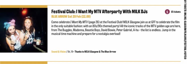 Hannah Currie (@hannahcurrie) on Twitter photo The <a href="/glasgowfilmfest/">Glasgow Film Festival</a> programme is out now and weāre doing a <a href="/GlasgowMILK/">MILK Glasgow</a> DJ set after the screening of āI Want My MTVā ~ canāt wait for this film and this party! š„³ #gff2020 #mtv #nostalgia The <a href="/glasgowfilmfest/">Glasgow Film Festival</a> programme is out now and weāre doing a <a href="/GlasgowMILK/">MILK Glasgow</a> DJ set after the screening of āI Want My MTVā ~ canāt wait for this film and this party! š„³ #gff2020 #mtv #nostalgia