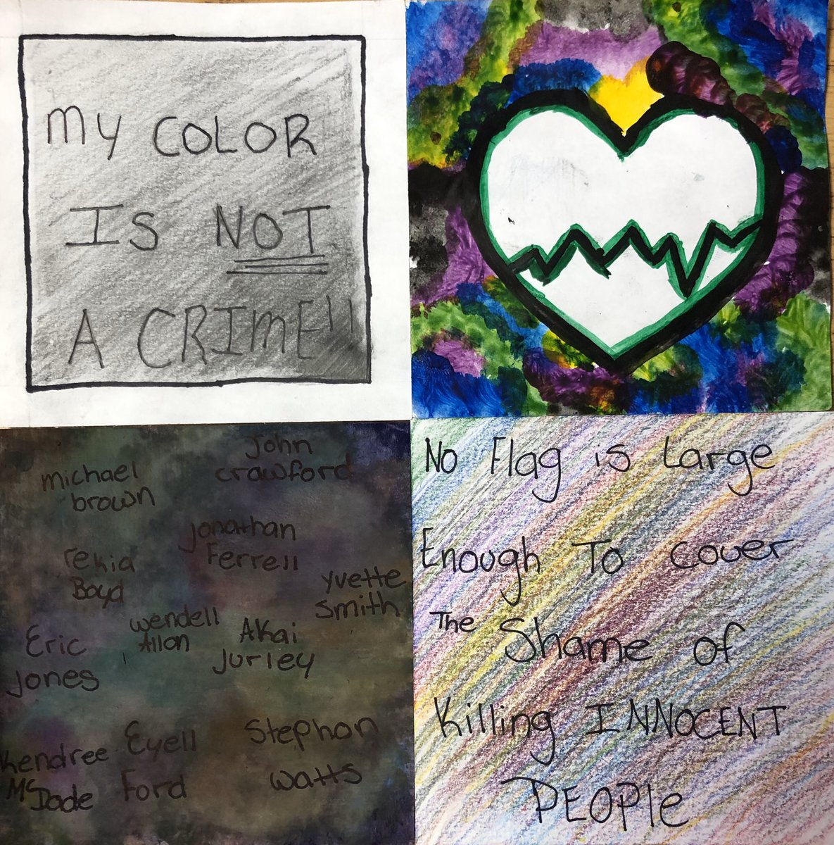 BrittMSimmons's tweet photo. Mixed Media Art pieces on a social justice theme of their choice. Love the results- students never cease to amaze me. @PrideInThePaw #socialjusticethroughart https://t.co/ywsjPFrRjf