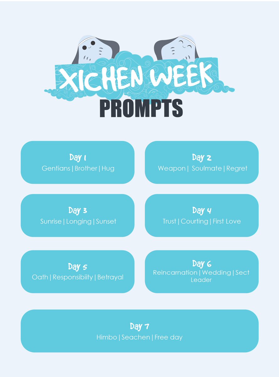 XichenWeek's tweet photo. 🦌: Hello everyone! I sincerely apologise for the delay. As chosen by the vote, I would now like to announce the prompt list favoured by you wonderful guests was prompt list 2! Here are the official prompts and rules! I look forward to seeing you there! 💙

#XichenWeek2020 https://t.co/wJpuAVSuQg