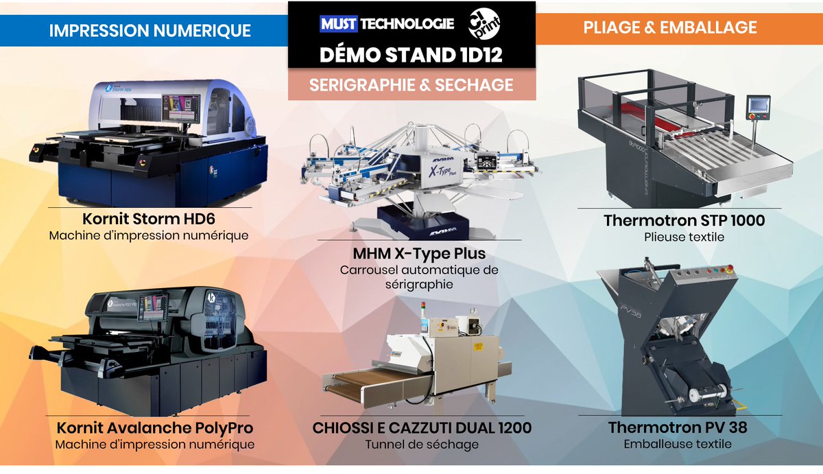TheMustTech's tweet photo. J-5 avant le @Salon_CPrint ! Retrouvez-nous sur notre stand 1D12 pour découvrir le matériel de l'impression textile 
✅ Kornit Storm HD6
✅ Kornit Avalanche Poly Pro 
✅ MHM Carrousel automatique X-type Plus
✅ Tunnel et armoire de séchage
✅ Plieuse et emballeuse Thermotron https://t.co/DDTAyBgWGw