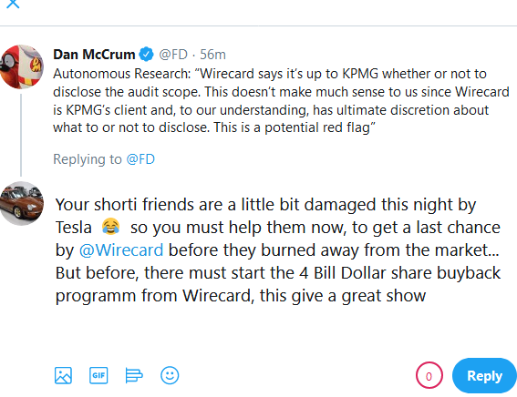 Thomasworldtra1's tweet photo. @DanMcCrum
... postet am laufenden Band unbewiesene Lügengeschichten @Wirecard... und unliebsame Komenntare werden sofort gelöscht... waren wohl zuviele Likes... passt genau ins Bild!
Daher hier nochmal der Screenshot.... https://t.co/0LgtruvMty