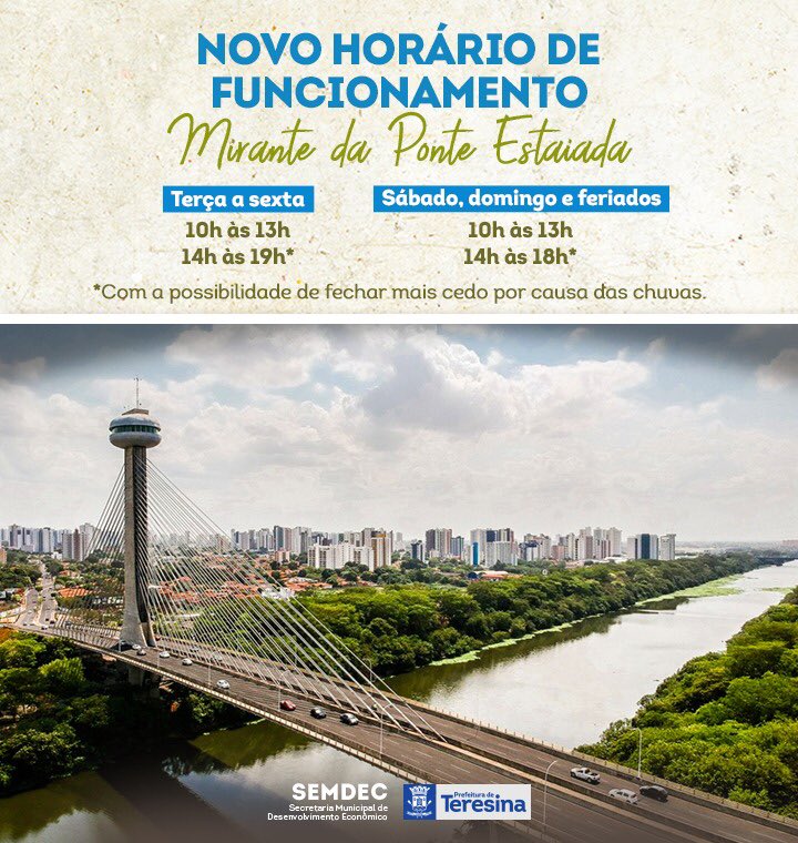 prefdeteresina's tweet photo. ⚠ O mirante da Ponte Estaiada terá seu horário de funcionamento alterado a partir de hoje (30).
A mudança é necessária por conta das chuvas, em especial no turno da tarde e noite.
Valores e mais informações: https://t.co/cpPipVISDR #semdec #pmt #teresina https://t.co/DWcYxix6Rz