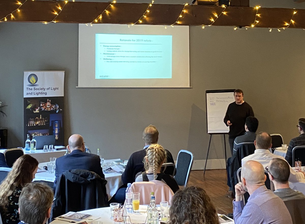 SLL100's tweet photo. Roger Sexton FSLL starts the afternoon sessions with case studies looking at time-based control regime, with changing scenes throughout the day in a luxury retail environment #LightBytes #CPD @XicatoInc https://t.co/2C3ptnl8ov