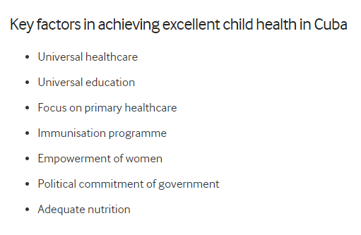 Key factors in achieving excellent child health in Cuba as identified by the British Medical Journal:
