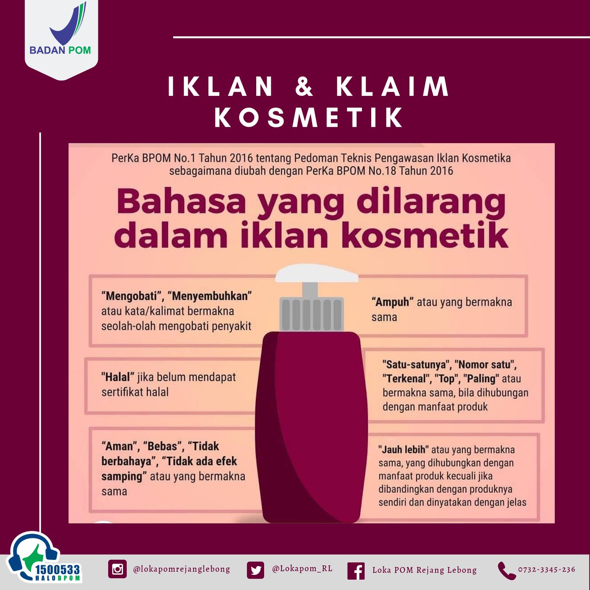 #SahabatBPOM, di berbagai media sering kita saksikan iklan-iklan kosmetik. Namun tahukah kamu bahwa sebenarnya iklan tersebut diatur bahkan dalam penggunaan tata bahasanya. 
Selengkapnya, simak dalam infografis berikut ini yah 
#KosmetikAman .
.
.
#BPOMRI 
#LokaPOMRejangLebong