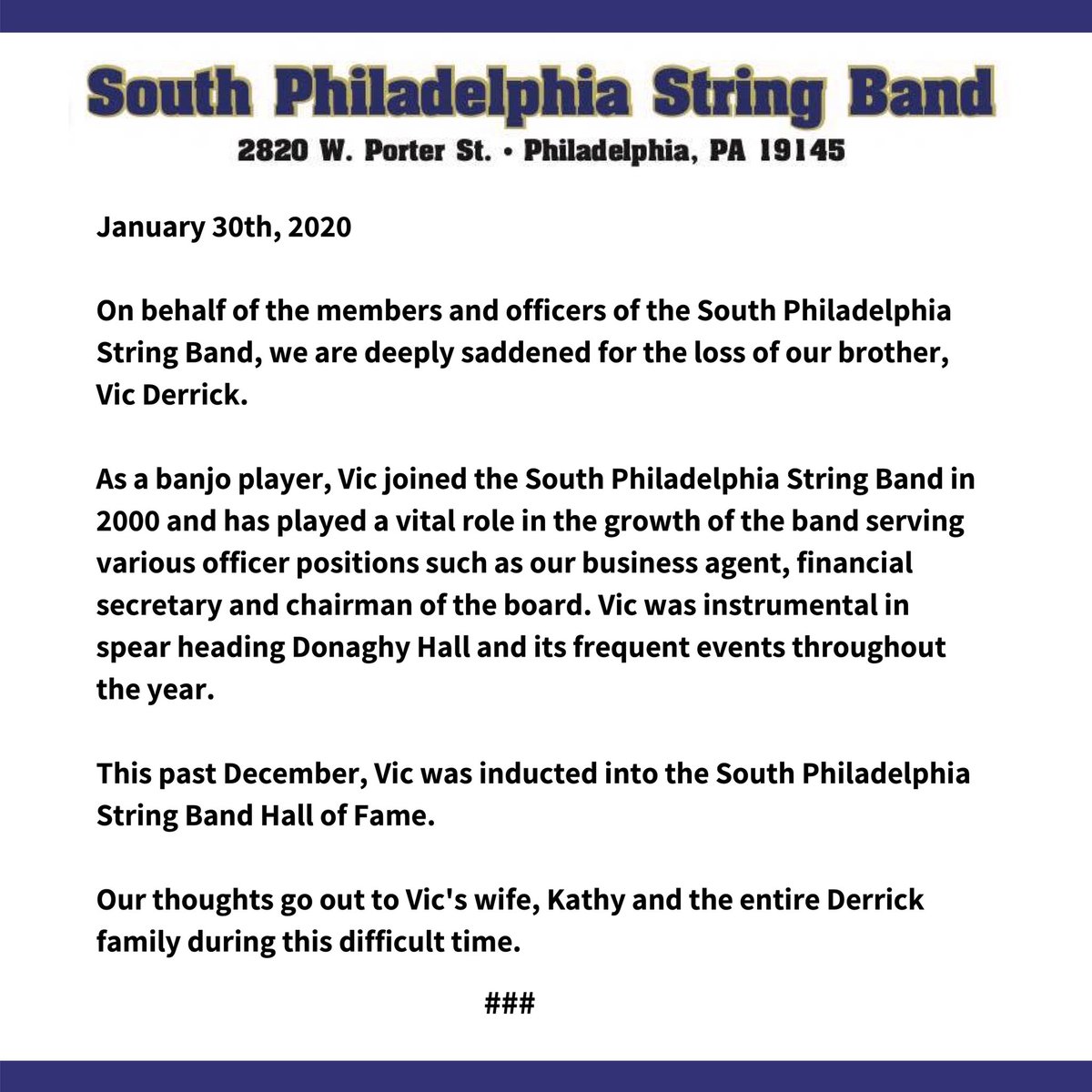 SPStringband's tweet image. Our thoughts and prayers are with the Derrick family during this difficult time.