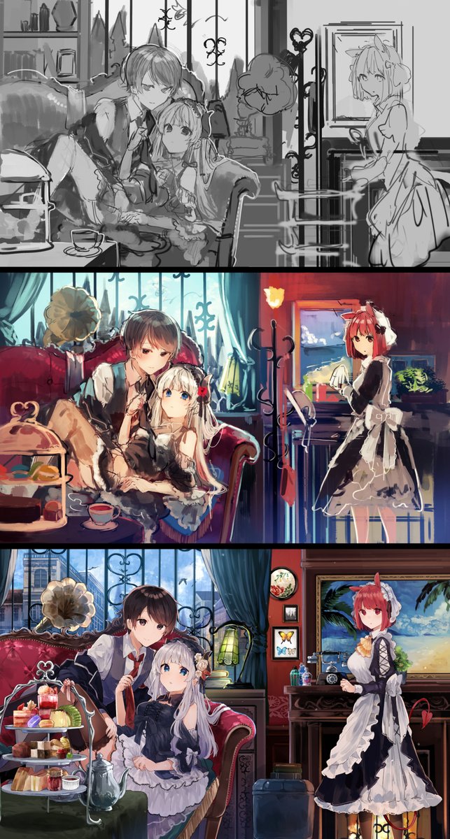 魔王様の単行本カバー案のラフです。(最終的に①の配置が逆+キャラを追加したのに決定しました) 