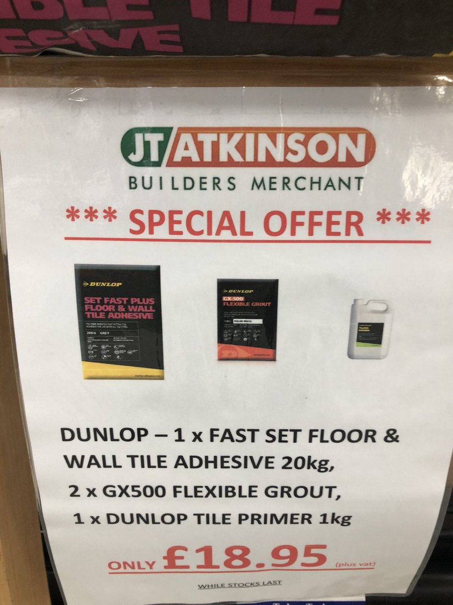 DunlopLewisL's tweet photo. Amazing offer in store @JTAtkinsonBM Bishop Auckland  #offers #performance #tiles #tiling @DunlopAdhesives https://t.co/mR7ZYQHpY7