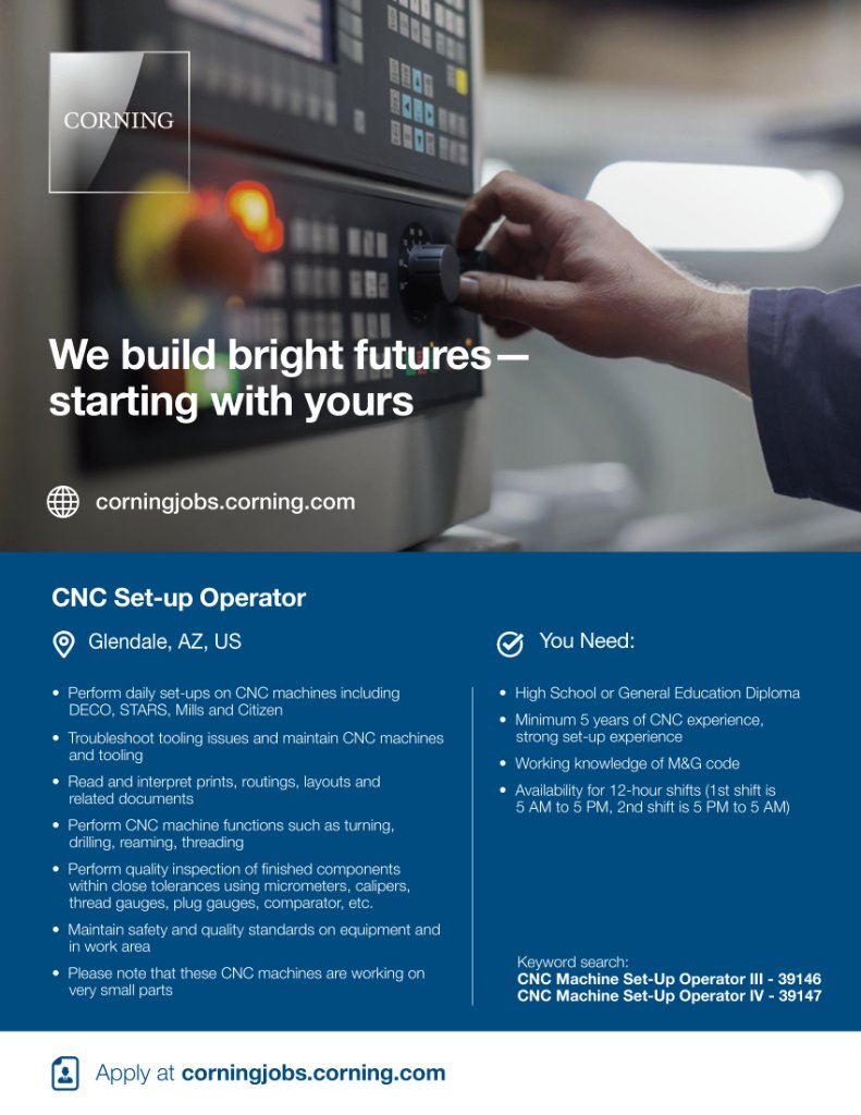 CorningTalent's tweet photo. #CorningHotJob! 🔥 

We're seeking #CNC Set-up Operators III &amp; IV in Glendale, AZ to perform daily set-ups on CNC machines. 

Apply here for Operator III: https://t.co/RtfPPVyvVn
Apply here for Operator IV: https://t.co/kXRIghNkWP

#MachineJobs #ToolingJobs #ArizonaJobs https://t.co/CFDynUVkau
