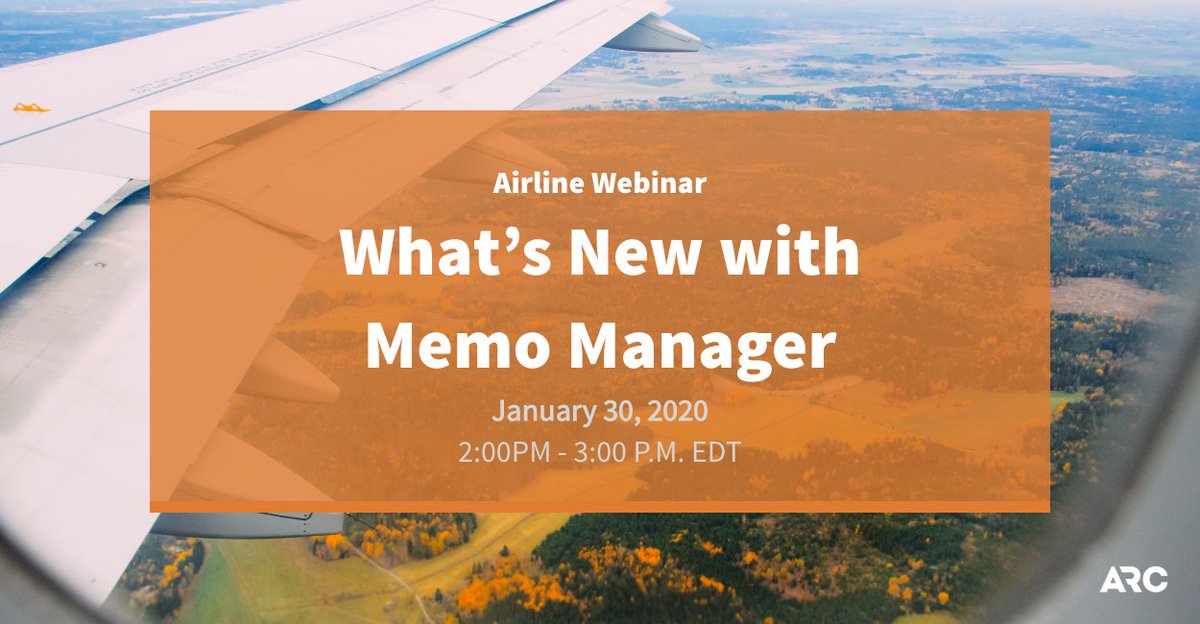 ARCtalk's tweet photo. Today at 2:00 p.m. EDT join us for our free #airline #webinar, What's New with Memo Manager. https://t.co/sVJTds0o2w You'll learn all about Memo Manager, including how to: search for #debitmemos, pay a memo, dispute a memo & add correspondence & attachments to a memo https://t.co/WvAk2a6KId