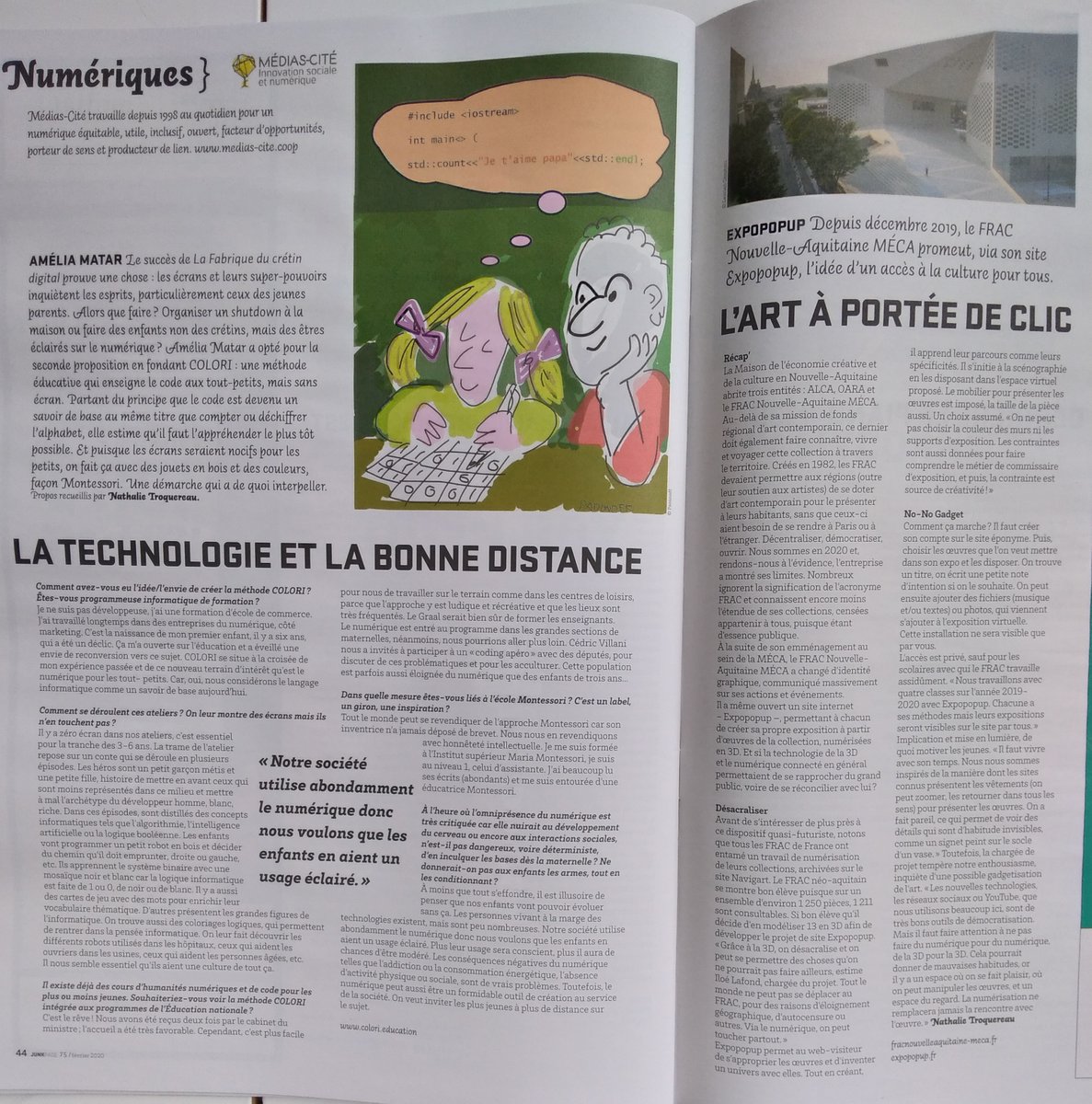 mediascite's tweet photo. Le @journaljunkpage de Février est sorti ! Vous nous trouverez page 44 pour notre rubrique "Numériques".
Avec @COLORIeducation qui apprend le code aux enfants et sans écran, mais aussi le @fracmeca et son site d'expo en 3D. Illustration de @PAOUNOFF  #print #rubriquenumeriques https://t.co/k7Q06yjLUK