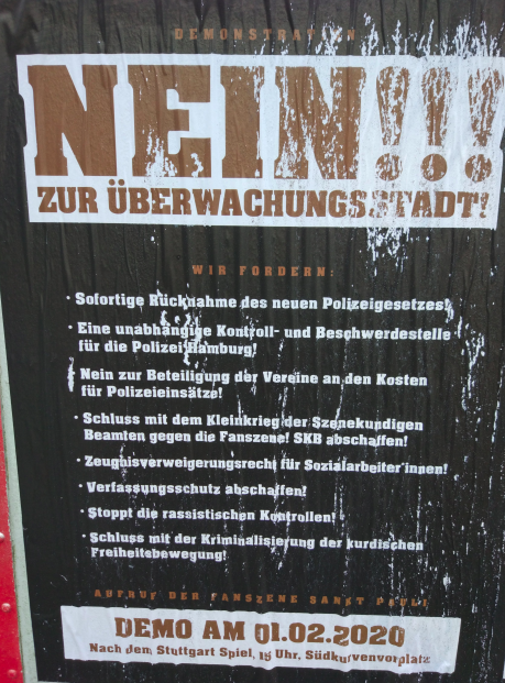 Ein lautes "Nein!!!" gegen die Überwachungsstadt - #Freiheitsrechte verteidigen! 

Demonstration am 01.02.2020 nach dem Heimspiel #FCSPvfb.

PM der #Fanhilfe #FCSP: braunweissehilfe.de/news/2020/nein… 

Alle hin da!!!

---
#BWH #Fanrechte =#Bürgerrechte