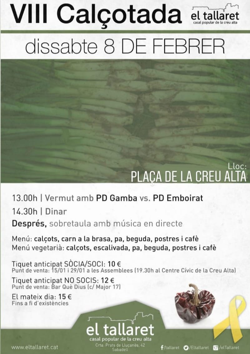 ElTallaret's tweet photo. 📣 *CALÇOTADA DEL TALLARET!!!*
📣 Dissabte *08/02* a la *plaça de la Creu Alta!* Vermut, calçots i bona música! 🎫 Tiquets en venda anticipada fins el dia 05/02! 🎉 #ElTallaret #Calçotada #CalçotadaTallaret #AgendaPpcc https://t.co/J3WyyVrWGv