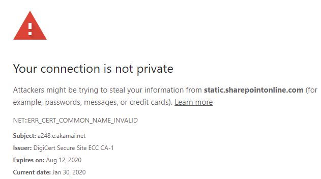 SchauDK's tweet photo. Hey @SharePoint 
All classic sites are broken. Certificate error. https://t.co/ePQVWim0Z4