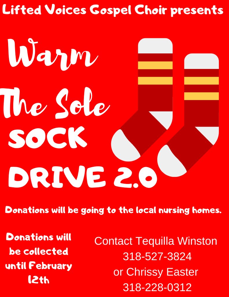 NSULALV's tweet photo. Don't forget we are having a Warm The Sole Sock Drive. Donations are accepted until February 12th! https://t.co/122XhxU9ov